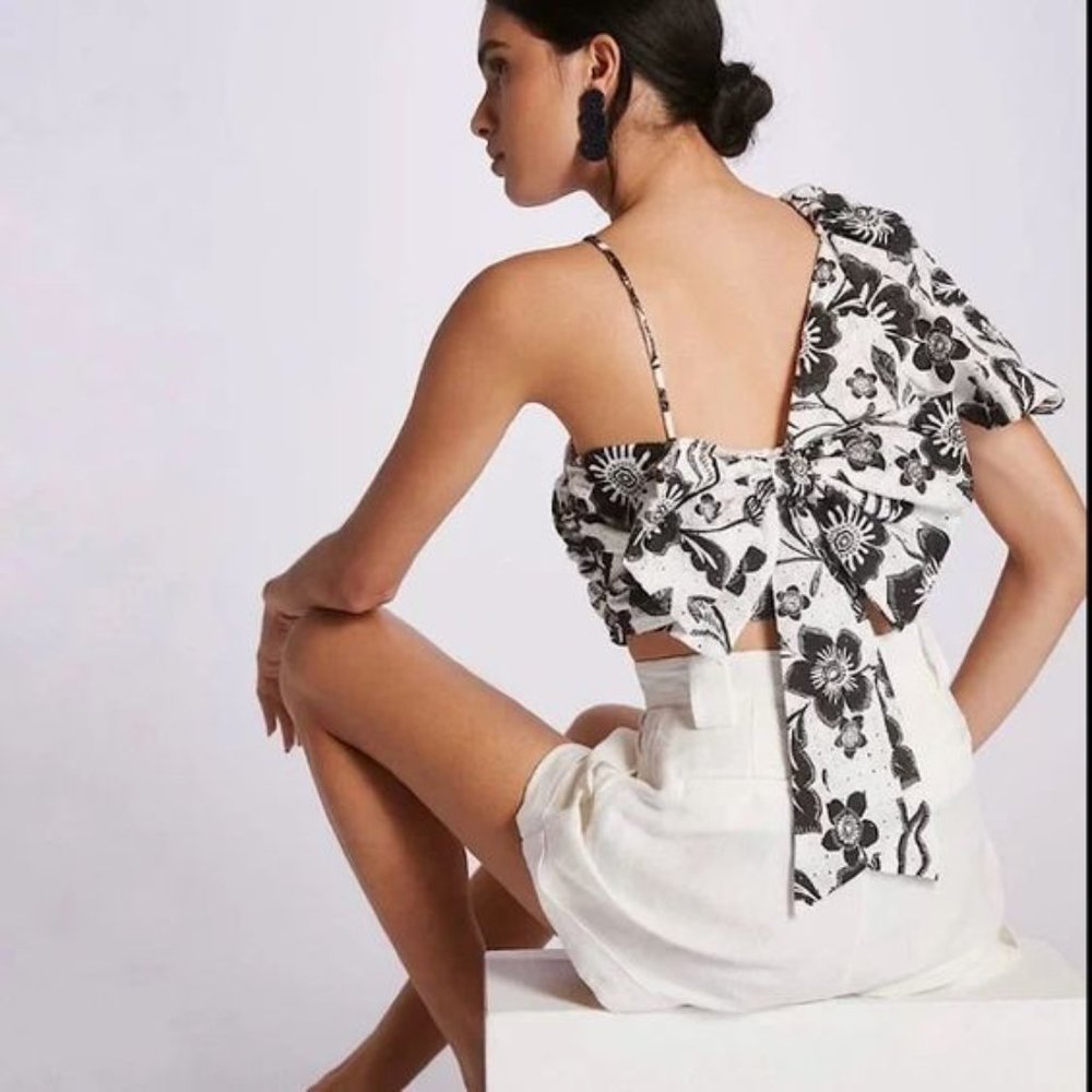 Anthropologie Maeve Black White Floral Eyelet One Shoulder Bow Back Blouse - 20W - Picture 2 of 14